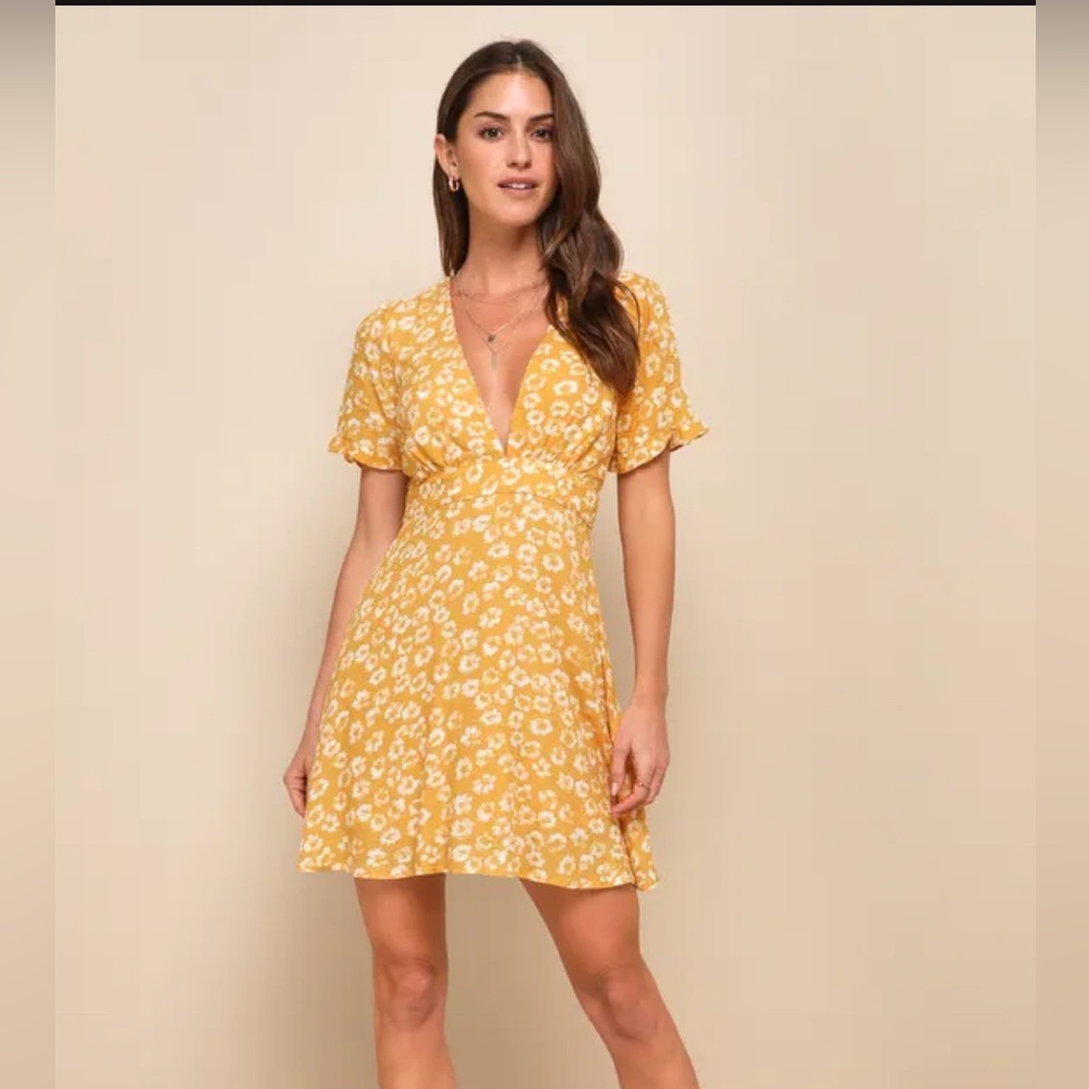 Lulus Garden Explorer Mustard Yellow Floral Print Mini Dress - Size XL